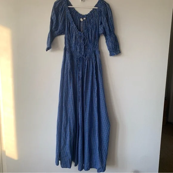 NWT Doen Ischia Cotton Voile Smocked Midi Maxi Dress Cassis Check Blue Plaid - Picture 8 of 16